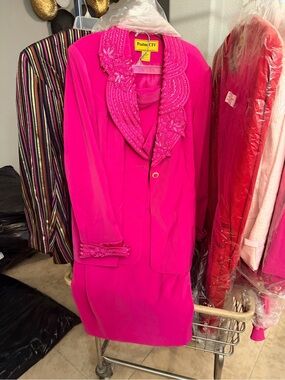 Women's Hot Pink Embroidered Jacket Skirt Set